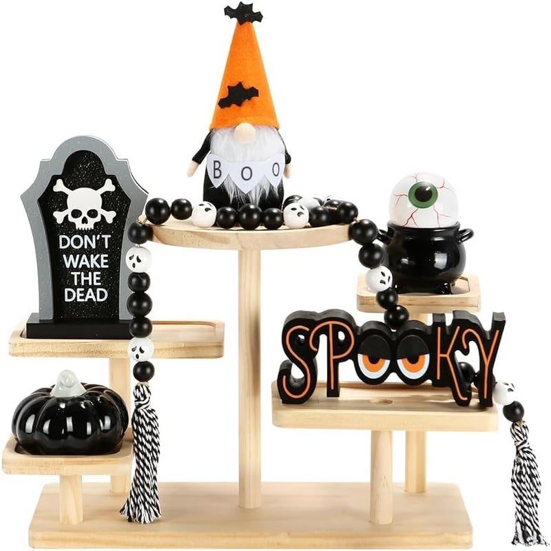 SYNCVIBE Halloween Decorations 6PCS Tiered Tray Decor, Cute Tabletop Halloween Decor for Home Tray Shelf Fireplace Mantel Office Desk Halloween Table Centerpieces Farmhouse Rustic Spooky Wood Signs - Image 1